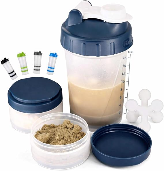 Hydro2Go 16oz Protein Shaker Bottle with Shaker Ball and 2 Storage Jars | BPA-Free Plastic Cup with Clear Measurement Scale | Perfect for Protein Mixes and Pills | Portable Pre-Workout Drink Cup(Navy)