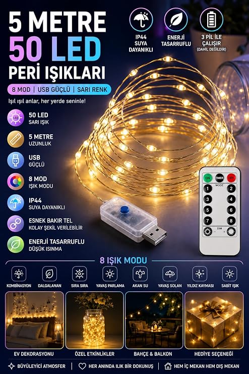 5 Metre SARI 50 LED Işıklar Peri Işıkları 8 MOD RGB Işıkları USB SARI Renkli Işık Peri Dize Işıkları Tel Fonksiyonlu Süsleme İnce Telli Aydınlatmalı Şerit Led Yılbaşı Işık Yılbaşı Süsü [Enerji Sınıfı A+]