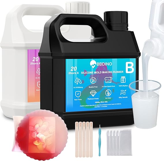 BBDINO Silicone Mold Making Kit 20A, Translucent Liquid Silicone for Mould Making 1:1 by Volume, Ideal for Casting Resin, Soap, Plaster, Wax Silicone Molds N.W. 2000g | 1A:1B Mixing -Self Degassing -4 Hrs Quick Cure Flexible & Firm Well Balanced Ideal for Moulding with Resin, Soap, Plaster,Wax