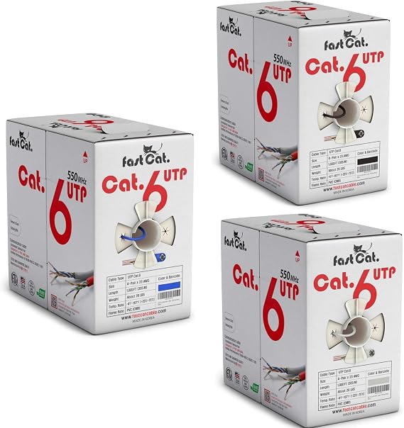 Cat 6 Ethernet Cable 1000ft CMR - Bundle of 3-23 AWG, CMR, Insulated Solid Bare Copper Wire- 550MHZ / 10 Gigabit Speed UTP LAN Cat6 Cable 1000ft(Blue, Black & White)