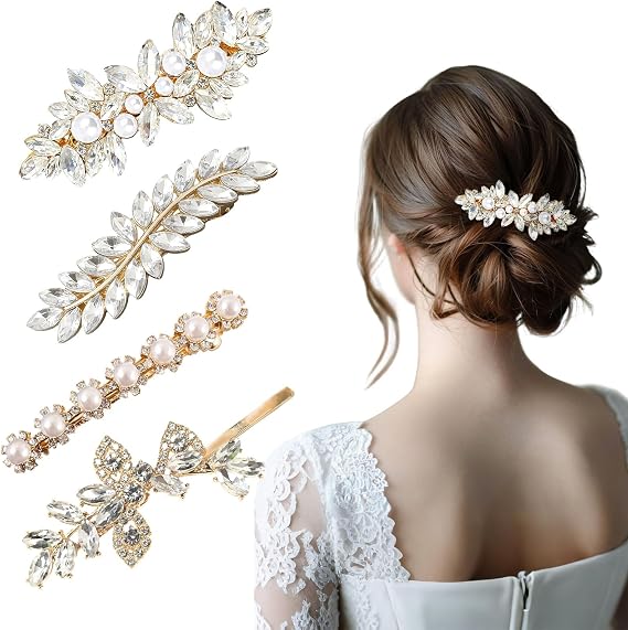 4 pcs sparkling rhinestone hair clips, gold hair accessories, elegant barrettes for bridal, wedding, party, everyday wear (gold)