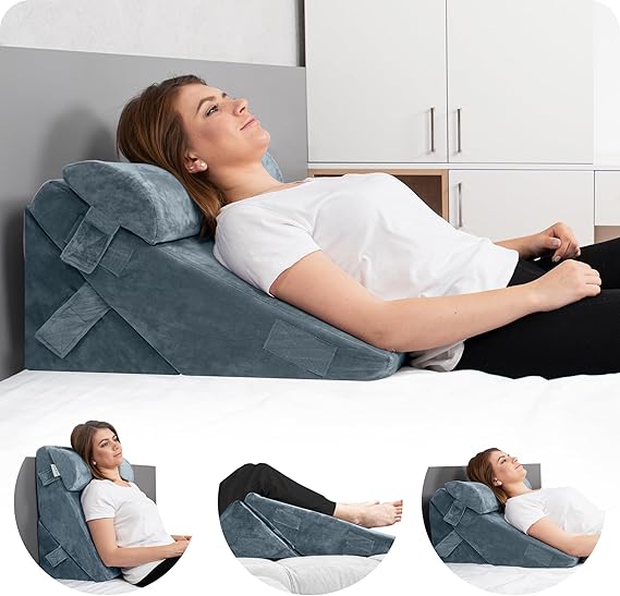 Lunix LX6 3-Piece Compact Support for Reading, Rest & Leg Elevation, Premium Odor-Free Orthopedic Bed Wedge Pillow Set, Memory Foam, Washable Cover, Stone Navy