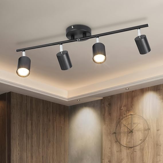 Ketom 4-Light Track Lighting Fixtures Ceiling, GU10 Black Led Ceiling Spotlight, Modern Track Light Kit for Kitchen Hallway Living Room