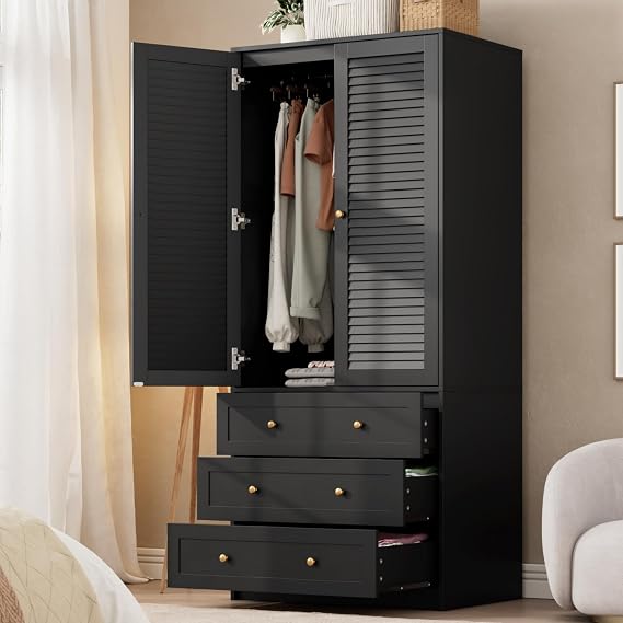 Garvee 70" Wardrobe Armoire Wooden Closet with 2 Doors and 3 Drawers, Black