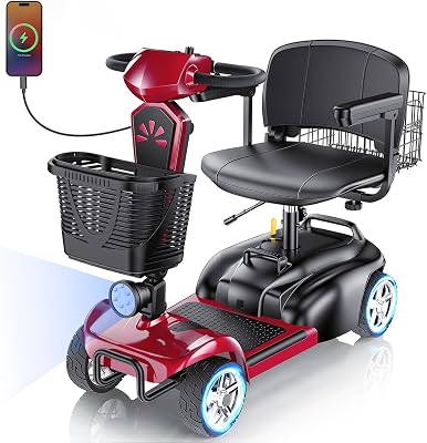 15253050Miles Eldryvon 4 Wheels Electric Mobility Scooter for Seniors, Dual Basket, 350W Powered Wheelchair with Rotating Seat, Foldable Motorized Scooter for Adult Red, 15Miles