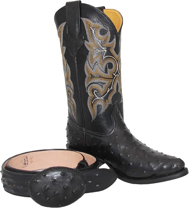 Western Shops Mens Leather Cowboy Boots Embossed Ostrich Quill Print Western Boot with Free Belt