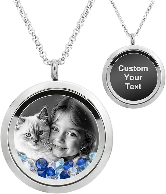 Laser Engraved Personalized Photo & Text Message Floating Locket Crystals Necklace Pendant Handmade Love Note Anniversary Wedding Birthday Gift
