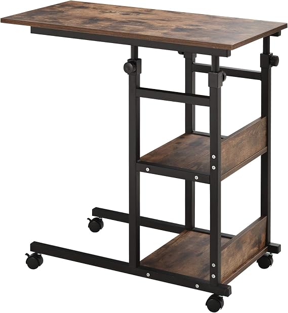HOMCOM Industrial C-Shaped Mobile Rolling Sofa Side Table with 3-Tier Storage Shelving, Adjustable Height, Wheels