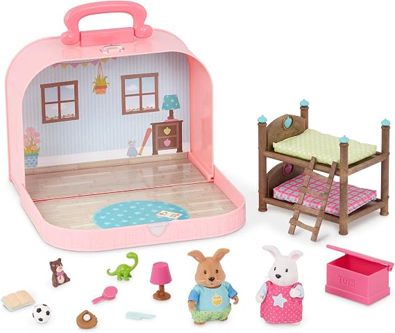 Li'l Woodzeez Portable Dollhouse Playset, Travel Suitcase Bunk Beds Set | Portable dollhouse playset with 2 figurines, bunk bed, mattresses, ladder, toy box and accessories for playdates, 3+ Years