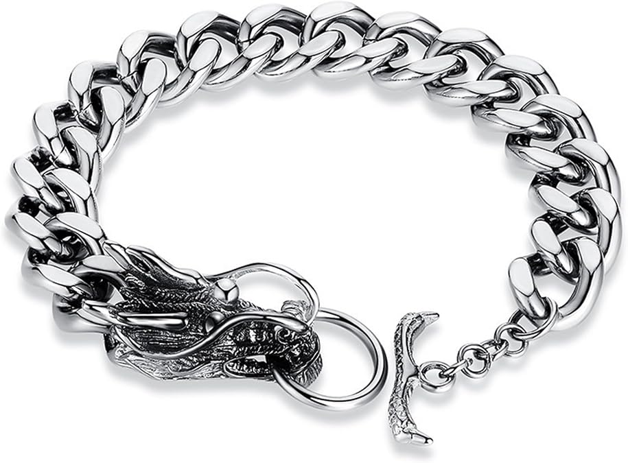 Dragon Chain Bracelet Grunge & Punk Men's Stainless Steel Plated Gold Silver Dragon Head Bone Form Heavy Metal Link Bracelet
