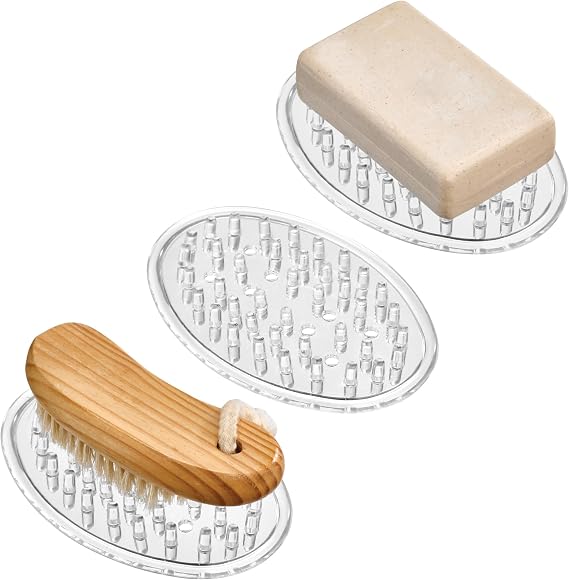 iDesign Plastic Soap Dish, Set of 3, Clear | Soap Saver, Kitchen Sponge Holder