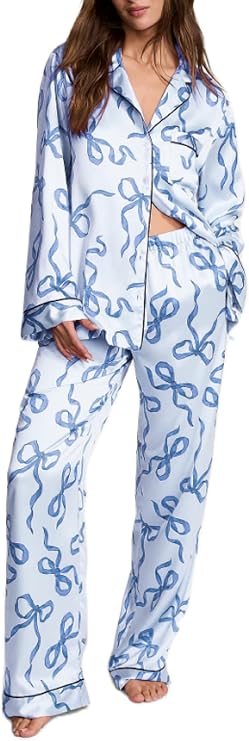 Women Cute Bow Pajama Set Long Sleeve Button Shirt Pants Silk Satin Lounge Outfit Valentines Day 2 Piece Pj Set