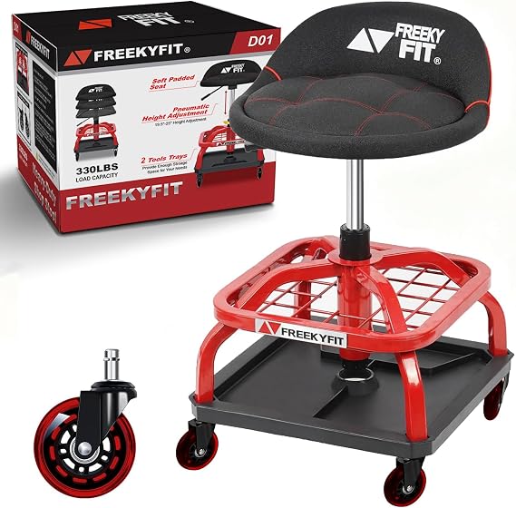 Rolling Stool with Red Wheels, Heavy Duty Garage Work Mechanic Rolling Shop Stool with Backrest, Adjustable Height 360Swivel Roller Mechanic Chair with 2 Tool Trays, 330 LBS Capacity