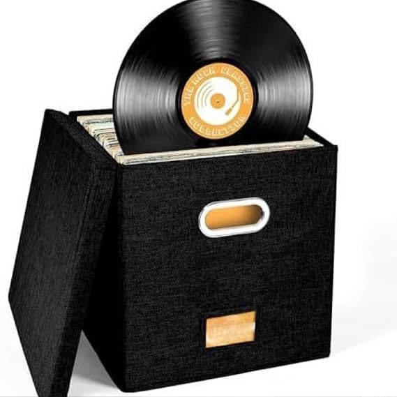 12" Vinyl Record Storage Box with Lid and Handle, Collapsible Album Storage Box Holds 50 Single Records, Vinyl Record Box, Record Box, LP Record Organizer Crate Protects Your Valuable Album Collection