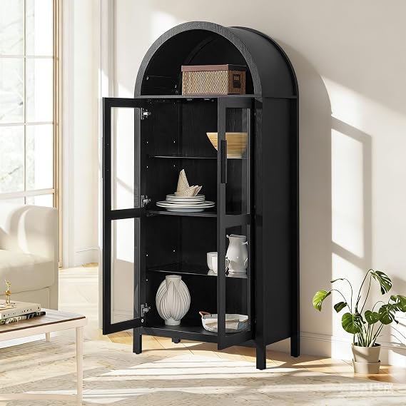 67 Tall High Arched Kitchen Pantry with LED Lights - Modern Farmhouse Wooden Storage Cabinet with Adjustable Glass Partitions, Multi-Functional Display & Bookshelf for Living Room, Bedroom(Black)