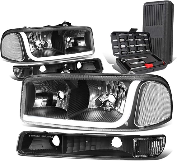 Auto Dynasty LED DRL Black Clear Side Headlight w/Bumper Lamps+Tool Kit Compatible with GMC Sierra Yukon 99-07