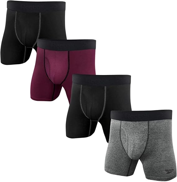 Reebok Men's Boxer Briefs - 4 Pack 6'' Inseam Stretch Performance Underwear Quick Dry Moisture Wicking Boxers - Fig/Grey/Heather/Black X-Large