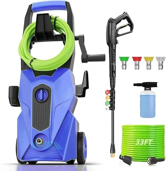 Electric Pressure Washer 2.8 GPM High Power Washer with 33ft Pressure Hose, 4 Nozzle and Foam Cannon, for Home, Cars, Fences, Patio (Light Blue)