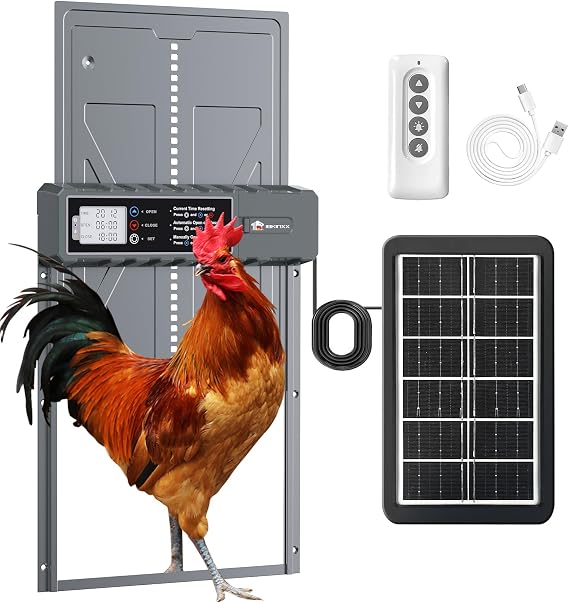 Automatic Chicken Coop Door Solar Powered with Timer, Remote Control, Manual Mode, Anti-Pitch Aluminum Alloy Auto Chicken House Door for Chicken, Duck, Poultry, Weatherproof, Blue