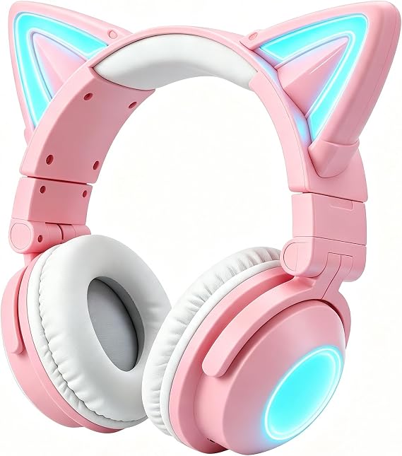 Cat Ear Bluetooth Headphones for Kids Adult, LED Gaming Headset