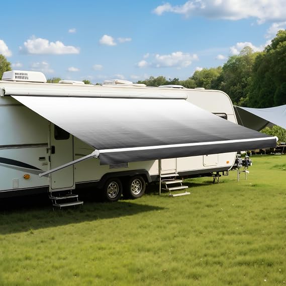 14FT RV Awning Fabric Replacement, Heavy Duty 4-PLY Vinyl Camper Awning, Universal Outdoor Canopy for Camper, Trailer, Motorhome Awnings for All Awning Brands - Black Fade (Fabric 13' 2")