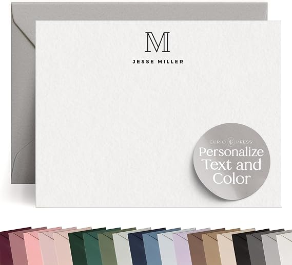 Curio Press Personalized Stationery, Monogram Note Cards, Outline Mono Flat | A2 to A7, Name & Monogrammed Custom Notecards, Handmade Stationary, Thank You Card with Envelopes for Women & Men