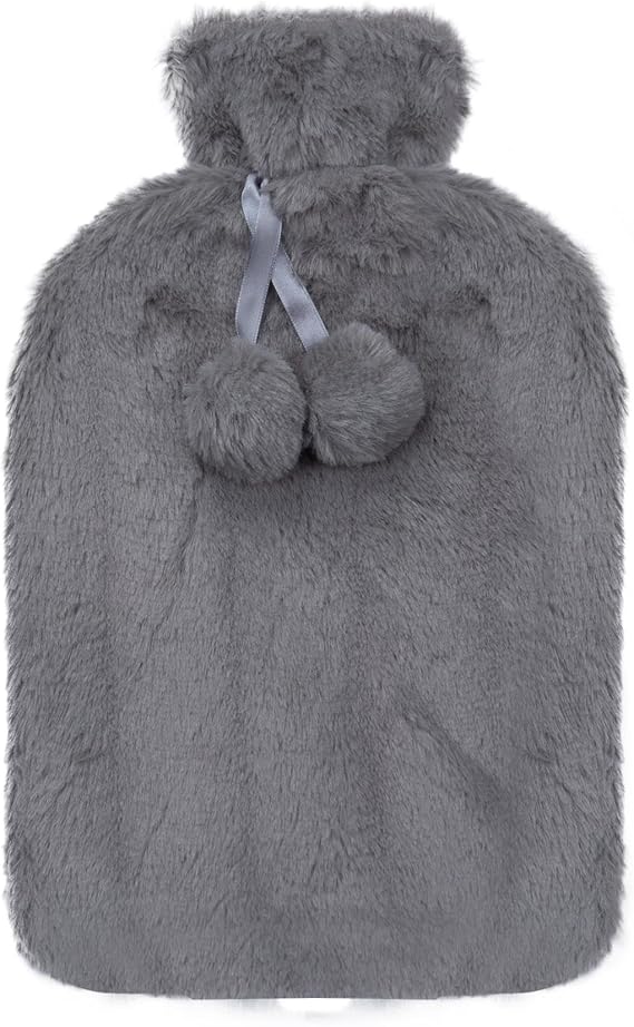 A2Z Hot Water Bottle Soft Plush Pom Pom Fleece Cover Rubber Heat Therapy