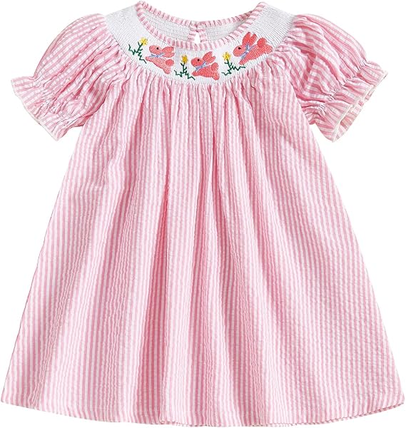 Aopwsrlyi Toddler Baby Girl Easter Outfit Cute Bunny Embroidery Smocked Bubble Romper Dress Puff Short Sleeves Bodysuit