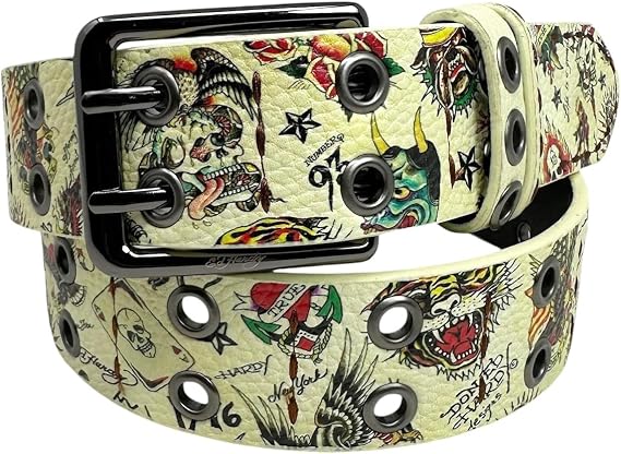 ED HARDY Men's Ace of Hearts Print 38mm Dual Prong Buckle Belt