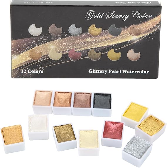 12 Colors Metallic Gouache Paint Set, Watercolor System with Highlight Dimming Effect for Art and Manicure Painting