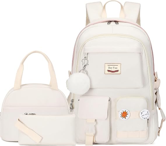 Hey Yoo School Backpack for Girls Backpack with Lunch Box Teen Girl Backpack Set Cute School Bag Bookbag for Teen Girls (White)
