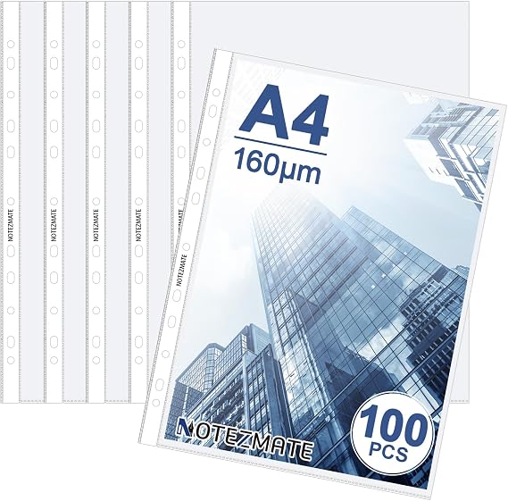 A4 Plastic Punched Pockets,100 Extra Strong Plastic Wallets,Heavy Duty 160 Micron Polly Pockets Filing Folders Wallets Sleeves DIN A4,Waterproof Folders Filing Sleeves for Home Office School Document