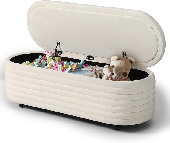 Costaelm Bed Bench with Storage, 42.5" Velvet Large Ottoman Stool Chair, Under Bed Dog Toy Storage Chest, Foot Stools for Living Room Ottoman, Ivory