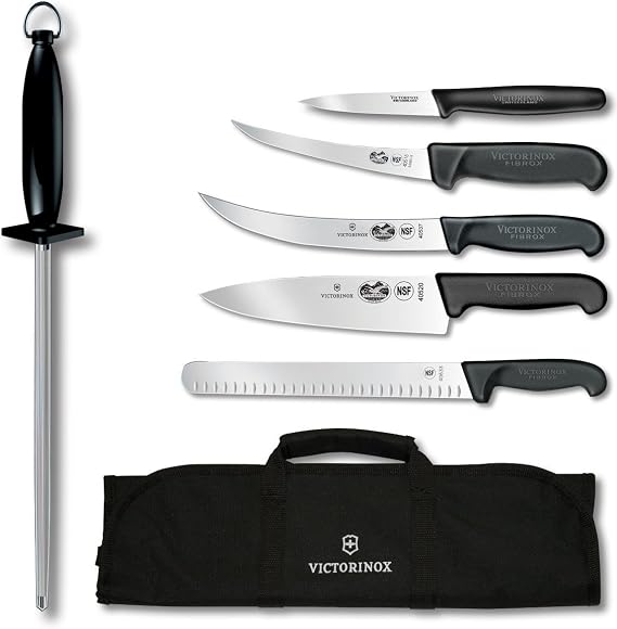 Victorinox Fibrox 7-Piece Competition BBQ Set, Black Handles and Knife Roll | Professional Swiss-made kit includes 5 knives, 9 in honing steel, and a portable black polyester tri-fold 8-slot knife roll