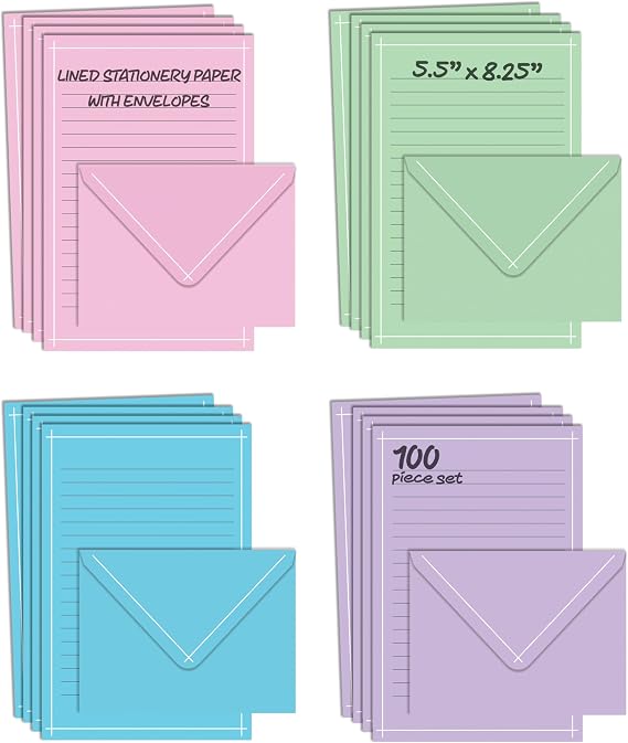 Better Office Products Mini Stationery Set, 100 Piece Set (50 Lined Sheets + 50 Matching Envelopes), 4 Solid Colors, Thin White Border, 5.5 x 8.25 inch, Double Sided Printing, One Side Lined Paper,