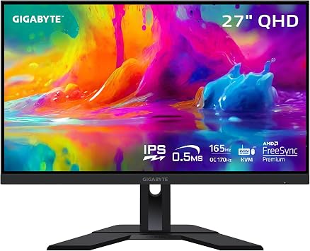 GIGABYTE M27Q 27" 165Hz 1440P -KVM Gaming Monitor, 2560 x 1440 SS IPS Display, 0.5ms MPRT Response Time, 92% DCI-P3, HDR Ready, FreeSync Premium, 1x Display Port 1.2, 2X HDMI 2.0, 2X USB 3.0
