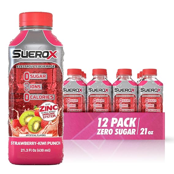 SueroX Sugar Free Electrolyte Drink, Strawberry-Kiwi, 21.3 Fl Oz, 12 Pack