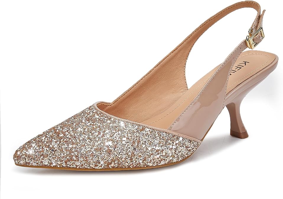 Slingback Kitten Heels for Women Closed Pointed Toe Low Heel Pumps Glitter Sparkly Rhinestone Heels Nude 8