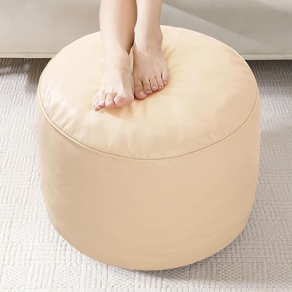 HIGOGOGO Round Stuffed Pouf Ottoman, Pu Leather Poufs with Foam Chunk Filling, Furry and Fluffy Pouf Foot Stool Storage Ottoman, 20 X 15 Floor Poufs Foot Rest for Living Room, Beige