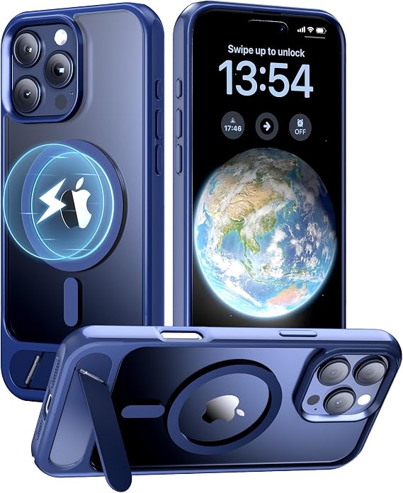 Strong Magnetic Case for iPhone 16 Pro Max, Built-in Invisible Kickstand, MagSafe Compatible, Military Grade Drop Protection, Adjustable Kickstand Phone Case, Slim Translucent Matte Navy Blue