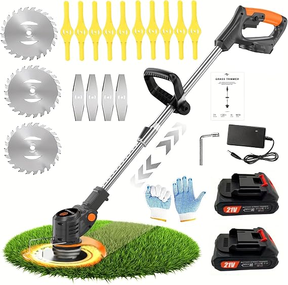 Cordless String Stringless Trimmer Handheld Lawn Mower Yard Home Small Portable Electric Lawn Mower with 2 Lithium Batteries 3 Kinds of Blades Weed Wacker Lithium Battery Multifunctional Weed Wacker