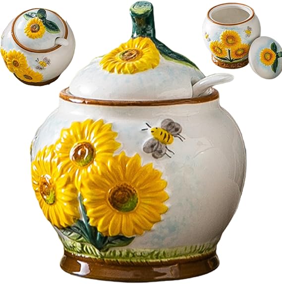 Sugar Container Embossed Sunflower and Bee Sugar Bowl with Lid And Spoon Ceramic Sugar Case for Kitchen Countertop Coffee Bar