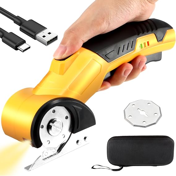 Scettar Cordless Electric Scissors, 4V 2000mAh Portable Cordless Electric Rotary Scissors Type-C with Blades, Storage Box Safety Lock & LED Light Max Cutting 1/4" for Cardboard Carpet Leather
