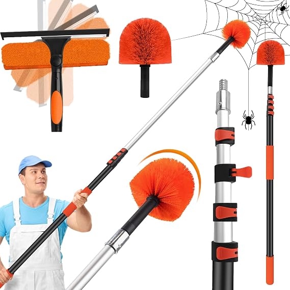 26FT Cobweb Duster with Extension Pole,High Window Cleaning Kit with Pole for Home Glass Doors,Car, Windows Cleaning