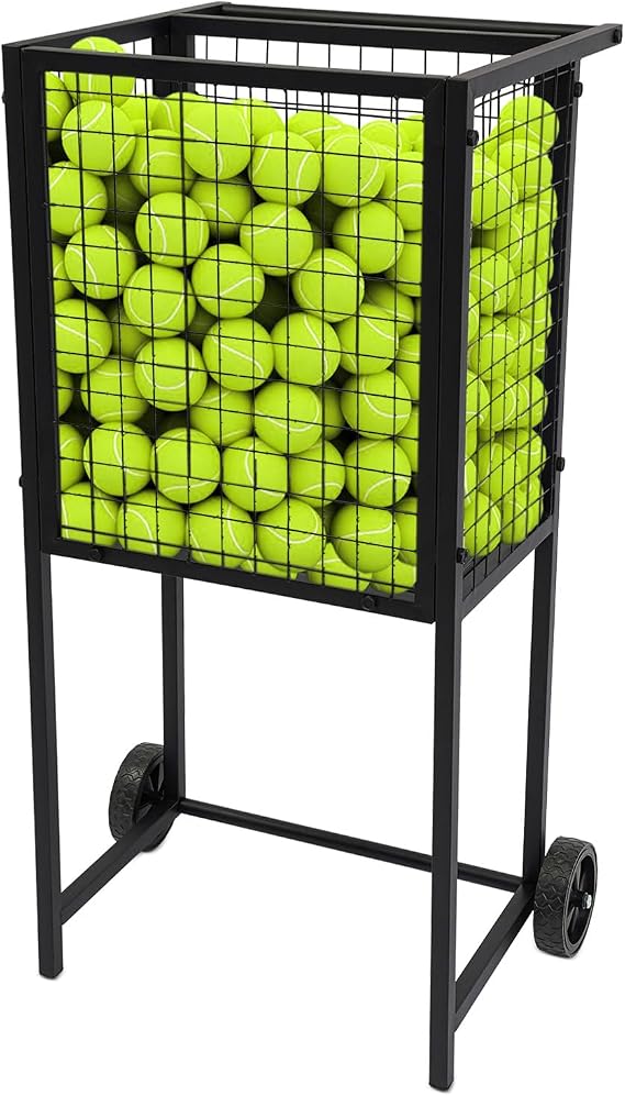Black Tennis Ball Cart Tennis Ball Basket Tennis Ball Hopper Movable Training Tennis Cart Basket with 2 Wheels, Portable Tennis Ball Holder Basket Rolling Cart for Tennis Balls