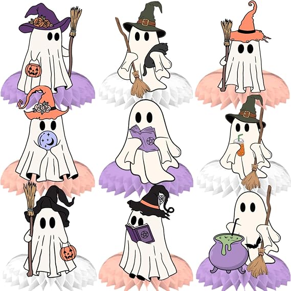 Halloween Ghost Honeycomb Centerpiece,9Pcs Cute Ghost Table Decorations Pink Spooky Pumpkin Broom Signs Table Centerpieces for Halloween Ghost Decor Party Baby Shower Indoor