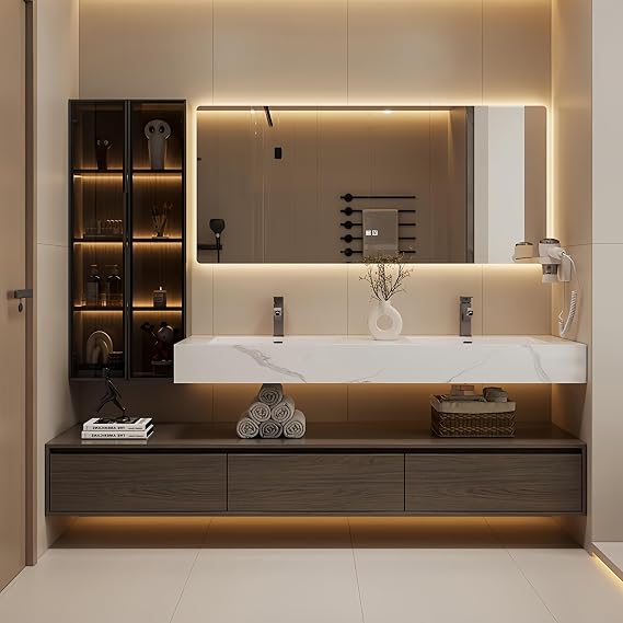 72 in Bathroom Vanity with Double Sink Modern Floating Bathroom Vanity Cabinet | Including LED Smart Defogging Mirror Cabinet & Faucet | Luxury Design | Multi-Layer Solid Wood | Brown