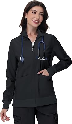 Scrub Jackets for Woman - 4 Pockets with 2 zips Lightweight Ultra Soft 4-Way Stretch Zip Front Nurse Jacket