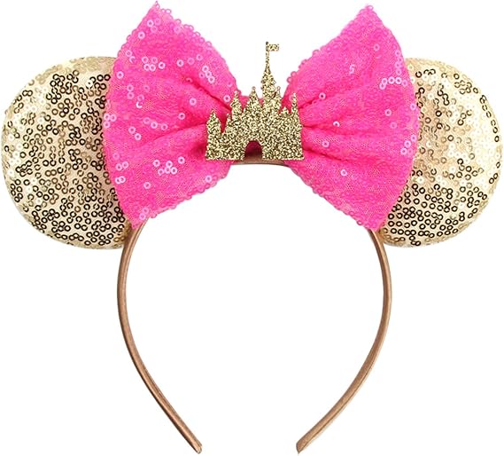 MADO Mouse Ears Headband for Women Girls, Glitter Sparkly Princess Dress Up Accessories Decorations for Women Girls Park Ears Hair Accessories (Gold Pink Palace)