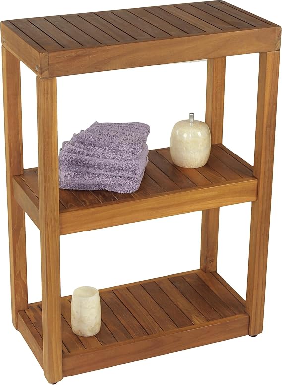 AquaTeak 12" Original Sula Rectangle Teak Bathroom Stand - Shower Stand with 3 Tier Shelf - Durable Water Resistant Shower Organizer - Space-Saving Storage Shelves with Anti-Slip Feet